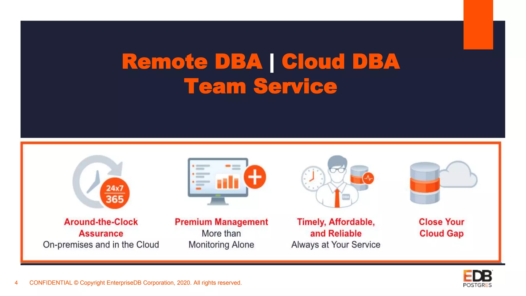 4 CONFIDENTIAL © Copyright EnterpriseDB Corporation, 2020. All rights reserved.
Remote DBA | Cloud DBA
Team Service
 