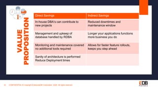 CONFIDENTIAL © Copyright EnterpriseDB Corporation, 2020. All rights reserved.22
VALUE
PROPOSITION
Direct Savings Indirect Savings
In-house DBA’s can contribute to
new projects
Reduced downtimes and
maintenance window
Management and upkeep of
database handled by RDBA
Longer your applications functions
more business you do
Monitoring and maintenance covered
no additional tools required
Allows for faster feature rollouts,
keeps you step ahead
Sanity of architecture is performed
Reduce Deployment times
 