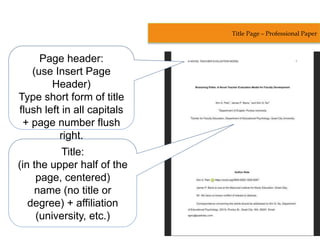 Title:
(in the upper half of the
page, centered)
name (no title or
degree) + affiliation
(university, etc.)
Page header:
(use Insert Page
Header)
Type short form of title
flush left in all capitals
+ page number flush
right.
Title Page – Professional Paper
 