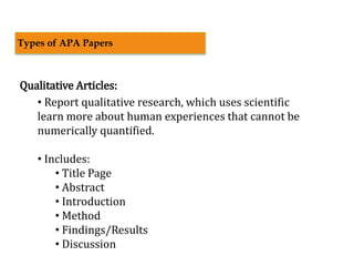 Qualitative Articles:
• Report qualitative research, which uses scientific
learn more about human experiences that cannot be
numerically quantified.
• Includes:
• Title Page
• Abstract
• Introduction
• Method
• Findings/Results
• Discussion
Types of APA Papers
 