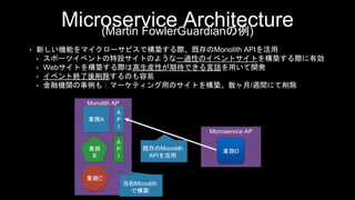 Microservice Architecture(Martin FowlerGuardianの例)
Monolith AP
業務A
業務
B
業務C
Microservice AP
業務D
A
P
I
A
P
I
• 新しい機能をマイクローサビスで構築する際、既存のMonolith APIを活用
• スポーツイベントの特設サイトのような一過性のイベントサイトを構築する際に有効
• Webサイトを構築する際は高生産性が期待できる言語を用いて開発
• イベント終了後削除するのも容易
• 金融機関の事例も：マーケティング用のサイトを構築。数ヶ月/週間にて削除
当初Monolith
で構築
既存のMonolith
APIを活用
 