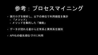 参考：プロセスマイニング
• 実行ログを解析し、以下の単位で利用頻度を集計
• 「メソッド」
• メソッドを集約した「機能」
• データが流れる量から正常系と異常系を識別
• API化の優先順位づけに利用
 
