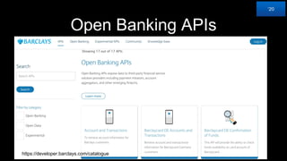 Open Banking APIs
https://developer.barclays.com/catalogue
‘20
 