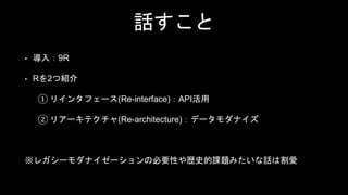 話すこと
• 導入：9R
• Rを2つ紹介
① リインタフェース(Re-interface)：API活用
② リアーキテクチャ(Re-architecture)：データモダナイズ
※レガシーモダナイゼーションの必要性や歴史的課題みたいな話は割愛
 