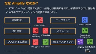 © 2020, Amazon Web Services, Inc. or its Affiliates. All rights reserved.
なぜ Amplify なのか？
認証機能
 アプリケーション開発に必要な一般的な技術要素をゼロ...