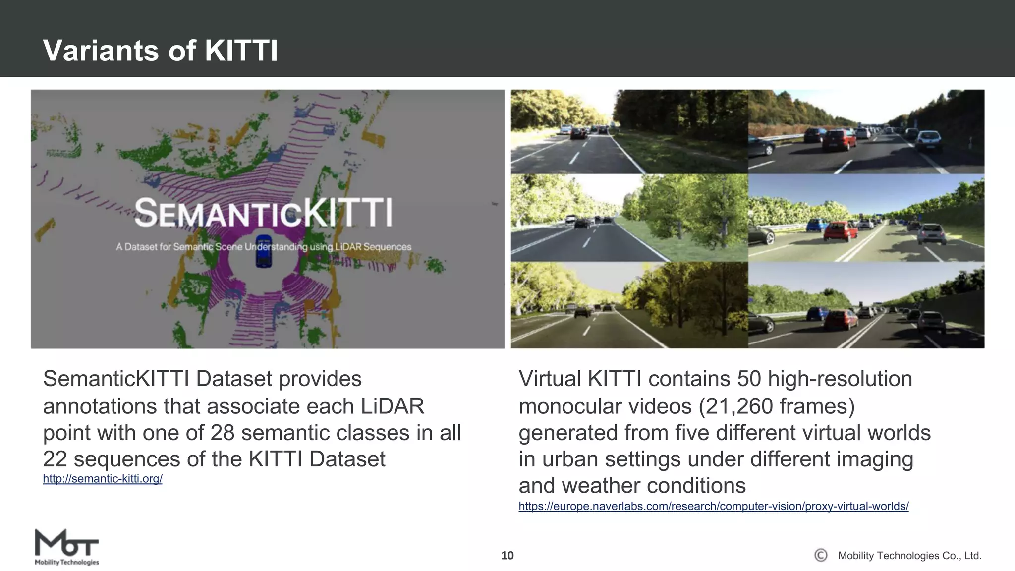 Mobility Technologies Co., Ltd.
Variants of KITTI
10
SemanticKITTI Dataset provides
annotations that associate each LiDAR
point with one of 28 semantic classes in all
22 sequences of the KITTI Dataset
http://semantic-kitti.org/
Virtual KITTI contains 50 high-resolution
monocular videos (21,260 frames)
generated from five different virtual worlds
in urban settings under different imaging
and weather conditions
https://europe.naverlabs.com/research/computer-vision/proxy-virtual-worlds/
 
