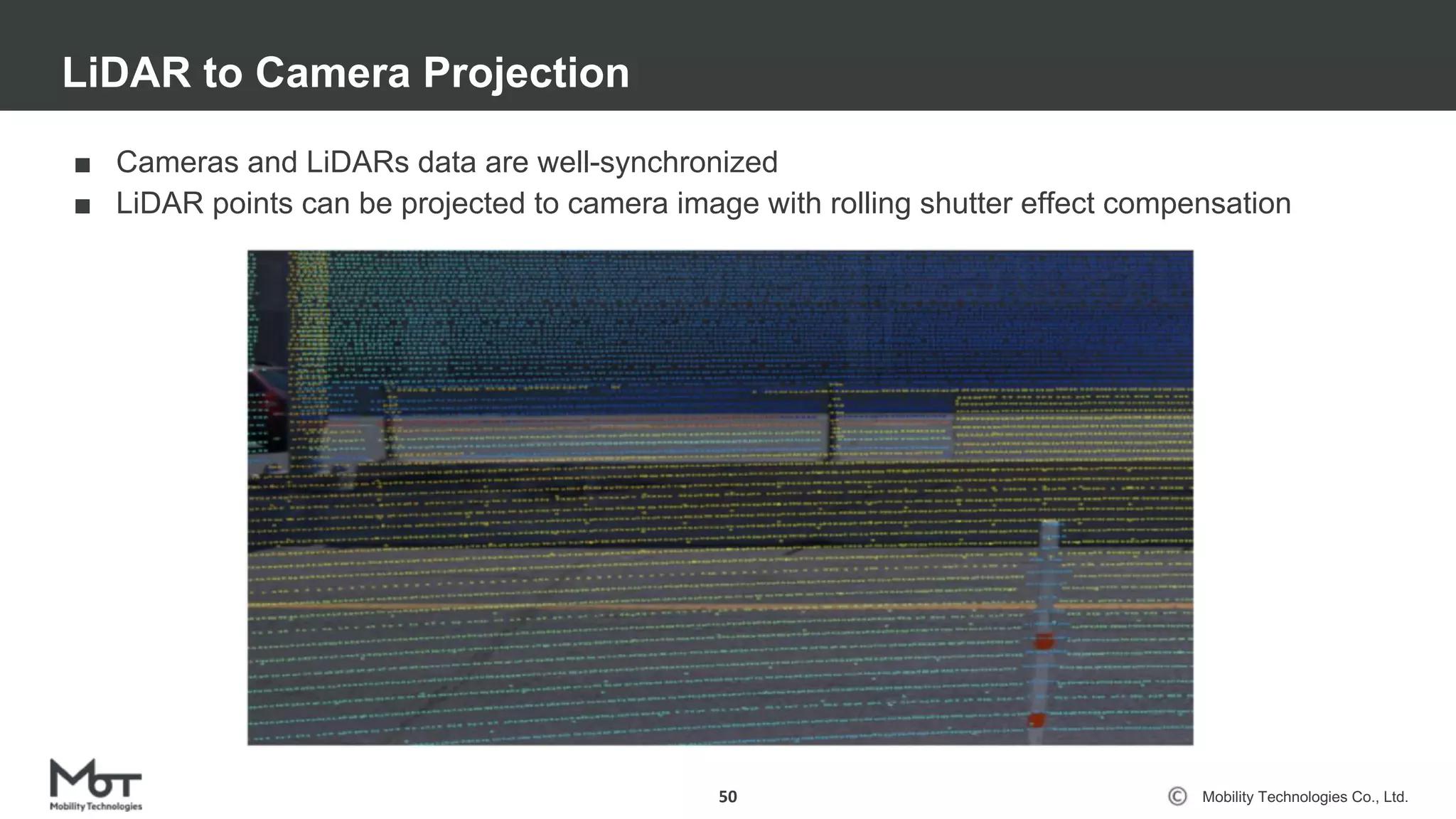 Mobility Technologies Co., Ltd.
LiDAR to Camera Projection
50
■ Cameras and LiDARs data are well-synchronized
■ LiDAR points can be projected to camera image with rolling shutter effect compensation
 