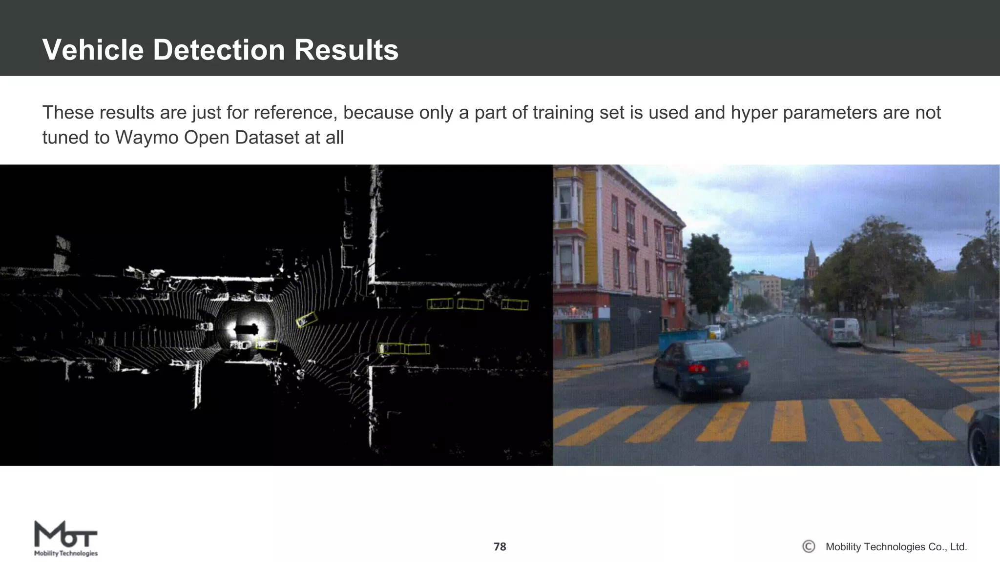 Mobility Technologies Co., Ltd.
These results are just for reference, because only a part of training set is used and hyper parameters are not
tuned to Waymo Open Dataset at all
Vehicle Detection Results
78
 