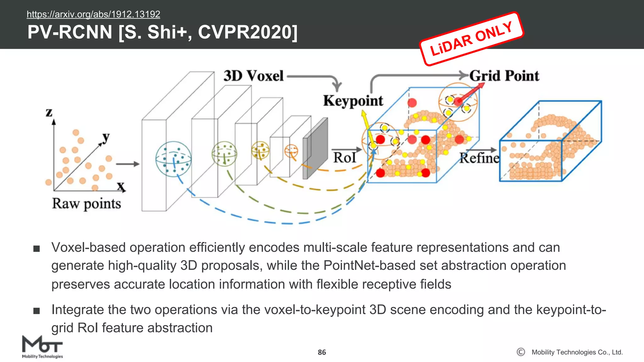 Mobility Technologies Co., Ltd.
PV-RCNN [S. Shi+, CVPR2020]
86
https://arxiv.org/abs/1912.13192
■ Voxel-based operation efficiently encodes multi-scale feature representations and can
generate high-quality 3D proposals, while the PointNet-based set abstraction operation
preserves accurate location information with flexible receptive fields
■ Integrate the two operations via the voxel-to-keypoint 3D scene encoding and the keypoint-to-
grid RoI feature abstraction
LiDAR ONLY
 