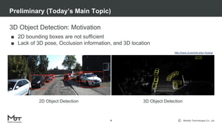 Mobility Technologies Co., Ltd.
3D Object Detection: Motivation
■ 2D bounding boxes are not sufficient
■ Lack of 3D pose, Occlusion information, and 3D location
Preliminary (Today’s Main Topic)
4
2D Object Detection 3D Object Detection
http://www.cs.toronto.edu/~byang/
 