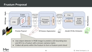 Mobility Technologies Co., Ltd.
Frustum Proposal
82
● Use object detector in RGB image to predict a 2D bounding box
and lift it to a frustum with a known camera matrix
● Collect all points within the frustum to form a frustum point cloud
 