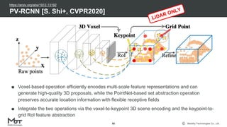 Mobility Technologies Co., Ltd.
PV-RCNN [S. Shi+, CVPR2020]
86
https://arxiv.org/abs/1912.13192
■ Voxel-based operation efficiently encodes multi-scale feature representations and can
generate high-quality 3D proposals, while the PointNet-based set abstraction operation
preserves accurate location information with flexible receptive fields
■ Integrate the two operations via the voxel-to-keypoint 3D scene encoding and the keypoint-to-
grid RoI feature abstraction
LiDAR ONLY
 