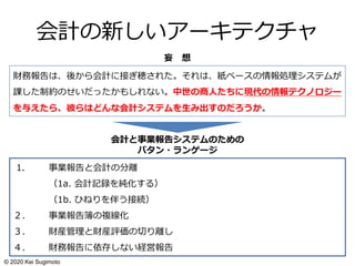 会計の新しいアーキテクチャ
財務報告は、後から会計に接ぎ穂された。それは、紙ベースの情報処理システムが
課した制約のせいだったかもしれない。中世の商人たちに現代の情報テクノロジー
を与えたら、彼らはどんな会計システムを生み出すのだろうか。
1. 事業報告と会計の分離
（1a. 会計記録を純化する）
（1b. ひねりを伴う接続）
２. 事業報告簿の複線化
３. 財産管理と財産評価の切り離し
４. 財務報告に依存しない経営報告
妄 想
会計と事業報告システムのための
パタン・ランゲージ
© 2020 Kei Sugimoto
 