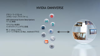 12
NVIDIA OMNIVERSE
デザイン ワークフローの
コラボレーション プラットフォーム
USD (Universal Scene Description)
ベースに構築
マテリアルと物理を
インタラクティブ レンダラに搭載
PC と Linux に対応、
ストリーミング端末には Mac、Android が対応
 