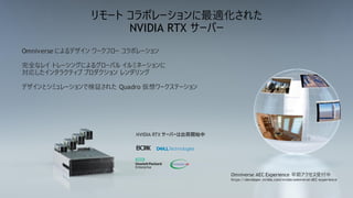 15
リモート コラボレーションに最適化された
NVIDIA RTX サーバー
NVIDIA RTX サーバーは出荷開始中
Omniverse によるデザイン ワークフロー コラボレーション
完全なレイ トレーシングによるグローバル イルミネーションに
対応したインタラクティブ プロダクション レンダリング
デザインとシミュレーションで検証された Quadro 仮想ワークステーション
Omniverse AEC Experience 早期アクセス受付中
https://developer.nvidia.com/nvidia-omniverse-AEC-experience
 