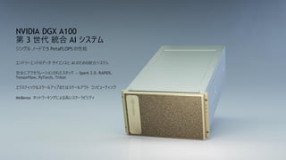28
NVIDIA DGX A100
第 3 世代 統合 AI システム
エンドツーエンドのデータ サイエンスと AI のための統合システム
完全にアクセラレーションされたスタック — Spark 3.0、RAPIDS、
TensorFlow、PyTorch、Triton
エラスティックなスケールアップまたはスケールアウト コンピューティング
Mellanox ネットワーキングによる高いスケーラビリティ
シングル ノードで5 PetaFLOPS の性能
 