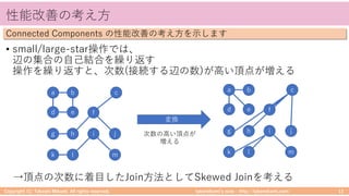 takemikamiʼs note ‒ http://takemikami.com/
性能改善の考え⽅
• small/large-star操作では、
辺の集合の⾃⼰結合を繰り返す
操作を繰り返すと、次数(接続する辺の数)が⾼い頂点が増える
Copyright (C) Takeshi Mikami. All rights reserved. 13
Connected Components の性能改善の考え⽅を⽰します
→頂点の次数に着⽬したJoin⽅法としてSkewed Joinを考える
a b
d e
g h
f
c
j
k l
i
m
a b
d e
g h
c
j
k l
i
m
f
変換
次数の⾼い頂点が
増える
 