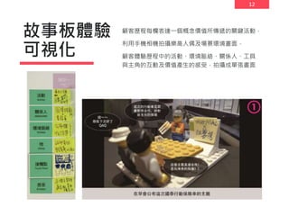 12
故事板體驗
可視化
顧客歷程每欄表達一個概念價值所傳遞的關鍵活動，
利用手機相機拍攝樂高人偶及場景環境畫面，
顧客體驗歷程中的活動、環境脈絡、關係人、工具
與主角的互動及價值產生的感受，拍攝成單張畫面
 