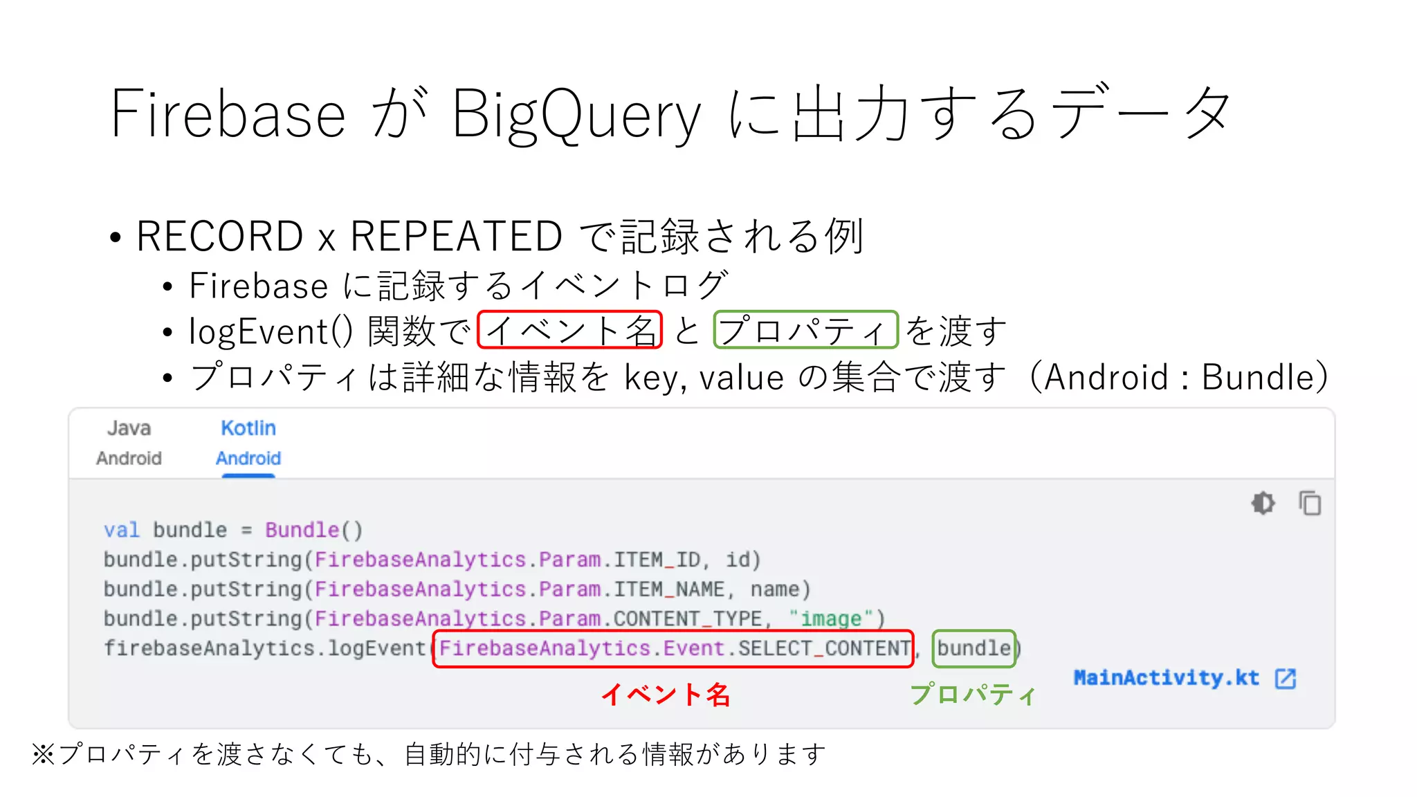 Firebase が BigQuery に出⼒するデータ
• RECORD x REPEATED で記録される例
• Firebase に記録するイベントログ
• logEvent() 関数で イベント名 と プロパティ を渡す
• プロパティは詳細な情報を key, value の集合で渡す（Android : Bundle）
※プロパティを渡さなくても、⾃動的に付与される情報があります
イベント名 プロパティ
 