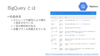 BigQuery とは
• 料⾦体系
• ストレージや操作により細か
く設定されている
• ⼀定の無料枠がある
• 定額プランも⽤意されている
https://cloud.google.com/bigquery/pricing - pricing_summary
 