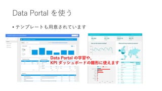 Data Portal を使う
• テンプレートも⽤意されています
Data Portal の学習や、
KPI ダッシュボードの雛形に使えます
 