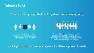 Fairness in AI
There are many ways that an AI system can behave unfairly
A voice recognition system
might fail to work as well for
women as it does for men
A model for screening loan or job
application might be much better at
picking good candidates among white
men than among other groups
Avoiding negative outcomes of AI systems for different groups of people
 