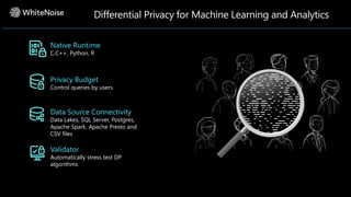 Differential Privacy for Machine Learning and Analytics
https://github.com/opendifferentialprivacy
Native Runtime
C,C++, Python, R
Validator
Automatically stress test DP
algorithms
Data Source Connectivity
Data Lakes, SQL Server, Postgres,
Apache Spark, Apache Presto and
CSV files
Privacy Budget
Control queries by users
 