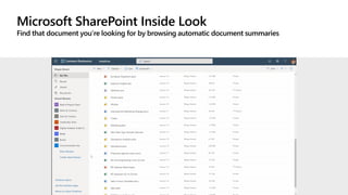 Microsoft SharePoint Inside Look
Find that document you’re looking for by browsing automatic document summaries
 
