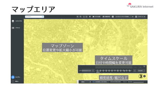 マップエリア
マップゾーン
位置変更や拡⼤縮⼩が可能
タイムスケール
⽇付や時間幅を変更可能
緯度経度/縮尺など
 