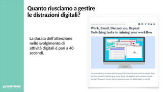 La durata dell’a+enzione
nello svolgimento di
a4vità digitali è pari a 40
secondi.
Quanto riusciamo a gestire
le distrazioni digitali?
 