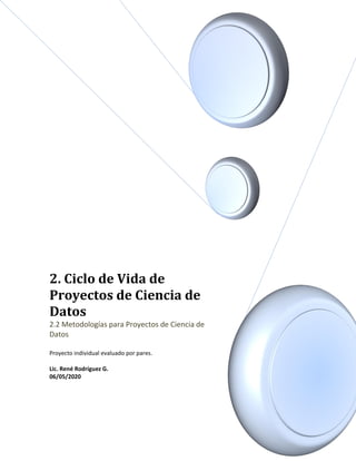2. Ciclo de Vida de
Proyectos de Ciencia de
Datos
2.2 Metodologías para Proyectos de Ciencia de
Datos
Proyecto individual evaluado por pares.
Lic. René Rodríguez G.
06/05/2020
 