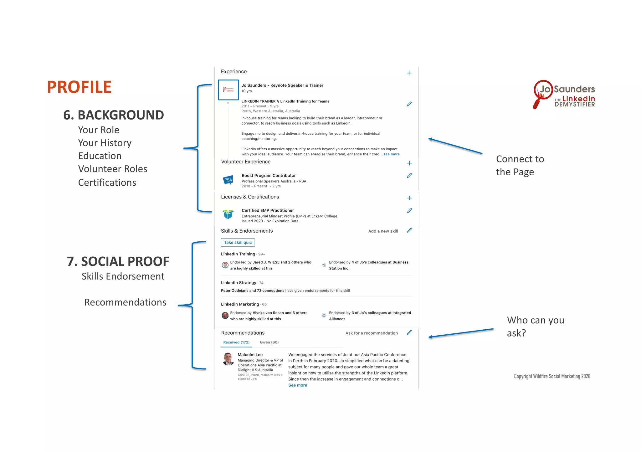 6. BACKGROUND
Your Role
Your History
Education
Volunteer Roles
Certifications
PROFILE
Who can you
ask?
7. SOCIAL PROOF
Skills Endorsement
Recommendations
Connect to
the Page
Copyright Wildfire Social Marketing 2020
 