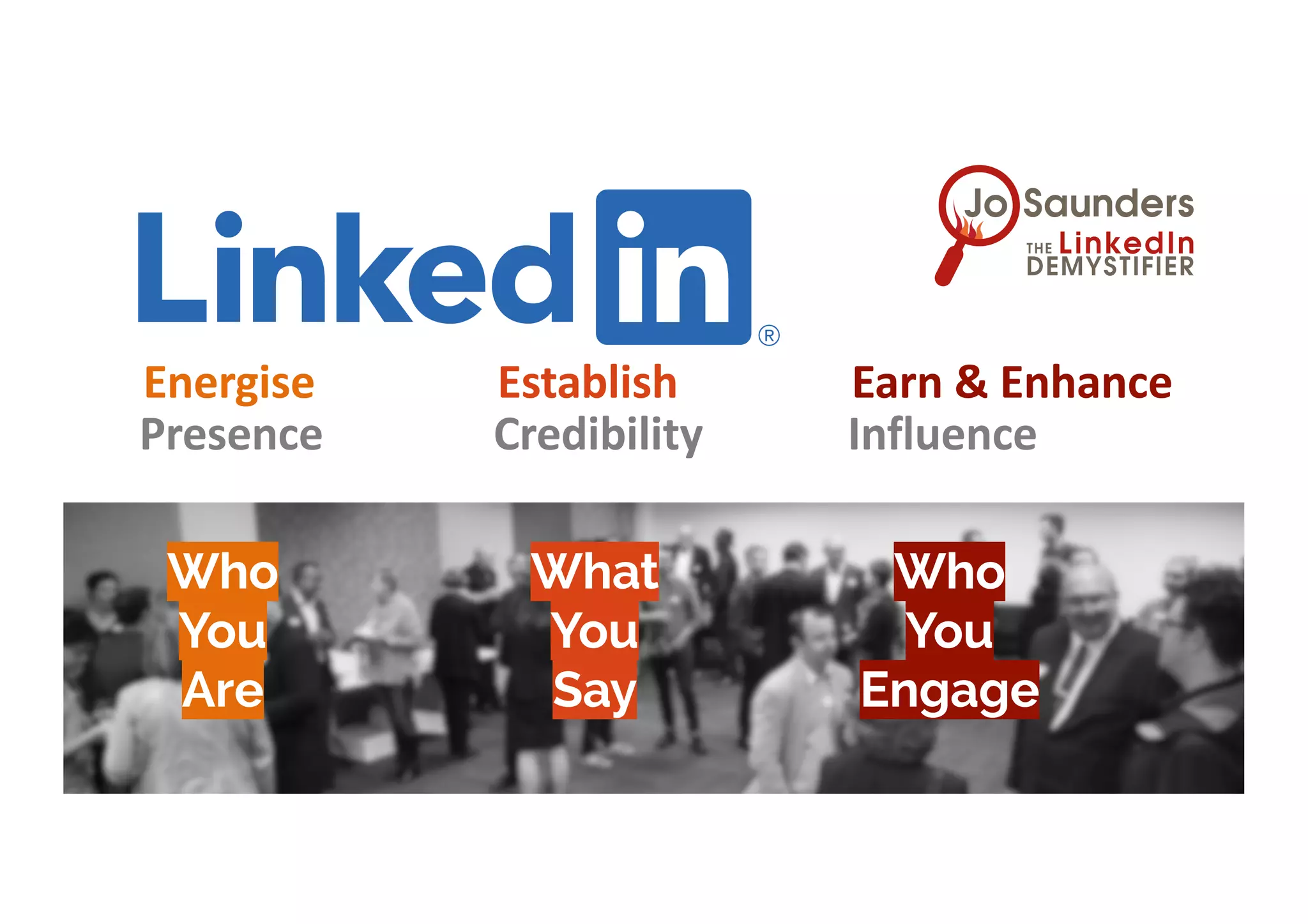 Presence Credibility Influence
Energise Establish Earn & Enhance
Who
You
Are
What
You
Say
Who
You
Engage
 