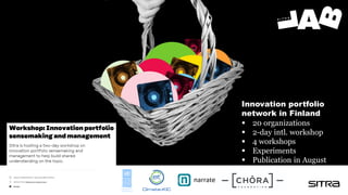 Innovation portfolio
network in Finland
▪ 20 organizations
▪ 2-day intl. workshop
▪ 4 workshops
▪ Experiments
▪ Publicatio...