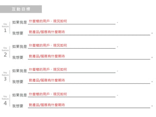 互 動 目 標
如果我是 _____________________________________________________，
我想要 __________________________________________________________________________。
Key
feature
1
如果我是 _____________________________________________________，
我想要 __________________________________________________________________________。
Key
feature
2
如果我是 _____________________________________________________，
我想要 __________________________________________________________________________。
Key
feature
3
如果我是 _____________________________________________________，
我想要 __________________________________________________________________________。
Key
feature
4
什麼樣的用戶、現況如何
對產品/服務有什麼期待
什麼樣的用戶、現況如何
對產品/服務有什麼期待
什麼樣的用戶、現況如何
對產品/服務有什麼期待
什麼樣的用戶、現況如何
對產品/服務有什麼期待
 