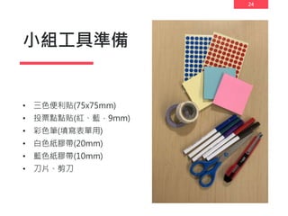 24
小組工具準備
• 三色便利貼(75x75mm)
• 投票點點貼(紅、藍，9mm)
• 彩色筆(填寫表單用)
• 白色紙膠帶(20mm)
• 藍色紙膠帶(10mm)
• 刀片、剪刀
 