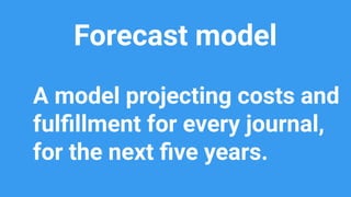 Forecast model
A model projecting costs and
fulﬁllment for every journal,
for the next ﬁve years.
 