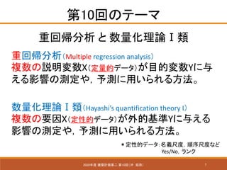 7
10ؤΥƩ`
2020 BӋڶ 10أ_ ֣
ػ؎  Փ
ػ؎Multiple regression analysis
}hXĥǩ`ĿĉY
Ӱ푤Μy䣬yä뷽
ՓHayashis quantification theory I
}ҪXԵĥǩ`ĻY뤨
Ӱ푤Μy䣬yä뷽
Եĥǩ`x߶ȣ߶Ȥʤ
Yes/No
 