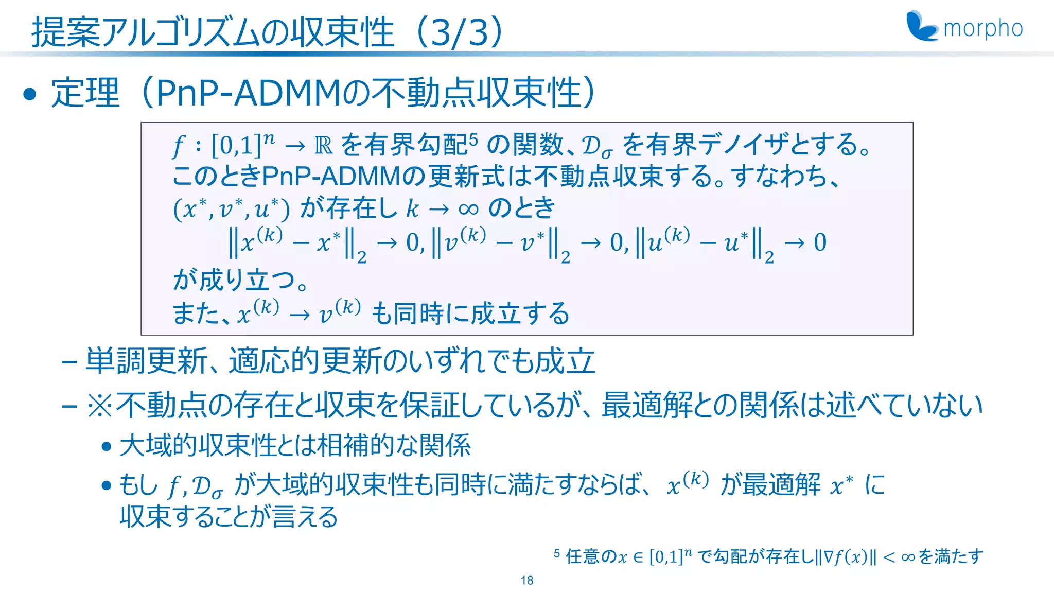 提案アルゴリズムの収束性（3/3）
• 定理（PnP-ADMMの不動点収束性）
– 単調更新、適応的更新のいずれでも成立
– ※不動点の存在と収束を保証しているが、最適解との関係は述べていない
• 大域的収束性とは相補的な関係
• もし 𝑓, 𝒟 𝜎 が大域的収束性も同時に満たすならば、 𝑥(𝑘)
が最適解 𝑥∗
に
収束することが言える
18
5 任意の𝑥 ∈ 0,1 𝑛
で勾配が存在し ∇𝑓 𝑥 < ∞を満たす
𝑓 ∶ 0,1 𝑛
→ ℝ を有界勾配5 の関数、𝒟 𝜎 を有界デノイザとする。
このときPnP-ADMMの更新式は不動点収束する。すなわち、
(𝑥∗
, 𝑣∗
, 𝑢∗
) が存在し 𝑘 → ∞ のとき
𝑥 𝑘
− 𝑥∗
2
→ 0, 𝑣 𝑘
− 𝑣∗
2
→ 0, 𝑢 𝑘
− 𝑢∗
2
→ 0
が成り立つ。
また、𝑥 𝑘
→ 𝑣 𝑘
も同時に成立する
 