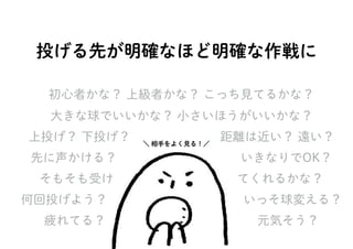 投げる先が明確なほど明確な作戦に
初心者かな？ 上級者かな？ こっち見てるかな？
大きな球でいいかな？ 小さいほうがいいかな？
上投げ？ 下投げ？　　　　　　　 距離は近い？ 遠い？
先に声かける？　　　　　　　　　　いきなりでOK？
そもそも受け　　　　　　　　　　てくれるかな？
何回投げよう？　　　　　　　　　　　いっそ球変える？
疲れてる？　　　　　　　　　　　　 元気そう？
＼ 相手をよく見る！／
 
