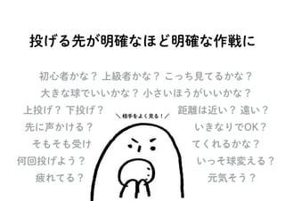 投げる先が明確なほど明確な作戦に
初心者かな？ 上級者かな？ こっち見てるかな？
大きな球でいいかな？ 小さいほうがいいかな？
上投げ？ 下投げ？　　　　　　　 距離は近い？ 遠い？
先に声かける？　　　　　　　　　　いきなりでOK？
そもそも受け　　　　　　　　　　てくれるかな？
何回投げよう？　　　　　　　　　　　いっそ球変える？
疲れてる？　　　　　　　　　　　　 元気そう？
＼ 相手をよく見る！／
 