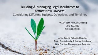 .. Building & Managing Legal Incubators to
Attract New Lawyers:
Considering Different Budgets, Objectives, and Timelines
ACLEA 55th Annual Meeting
July 29, 2019
Chicago, Illinois
Anne-Marie Rábago, Director
Texas Opportunity & Justice Incubator
Law Practice Management Program
All rights reserved © 2019 State Bar of Texas
 