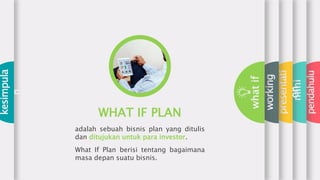 pendahulu
mini
presentati
on
working
whatif
kesimpula
n
WHAT IF PLAN
adalah sebuah bisnis plan yang ditulis
dan ditujukan untuk para investor.
What If Plan berisi tentang bagaimana
masa depan suatu bisnis.
 