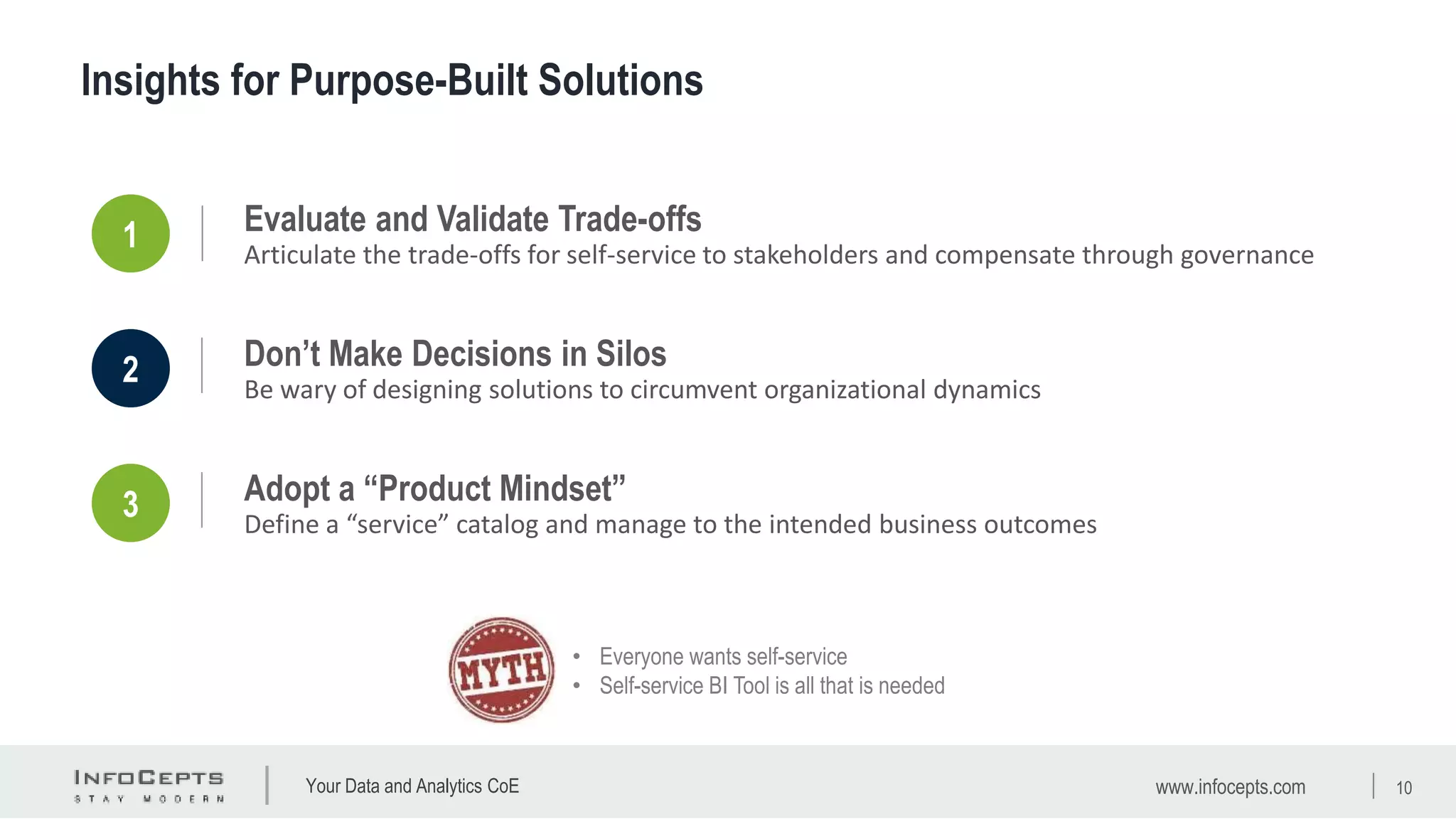 Your Data and Analytics CoE
Insights for Purpose-Built Solutions
• Everyone wants self-service
• Self-service BI Tool is all that is needed
1 Evaluate and Validate Trade-offs
Articulate the trade-offs for self-service to stakeholders and compensate through governance
2 Don’t Make Decisions in Silos
Be wary of designing solutions to circumvent organizational dynamics
3 Adopt a “Product Mindset”
Define a “service” catalog and manage to the intended business outcomes
www.infocepts.com 10
 