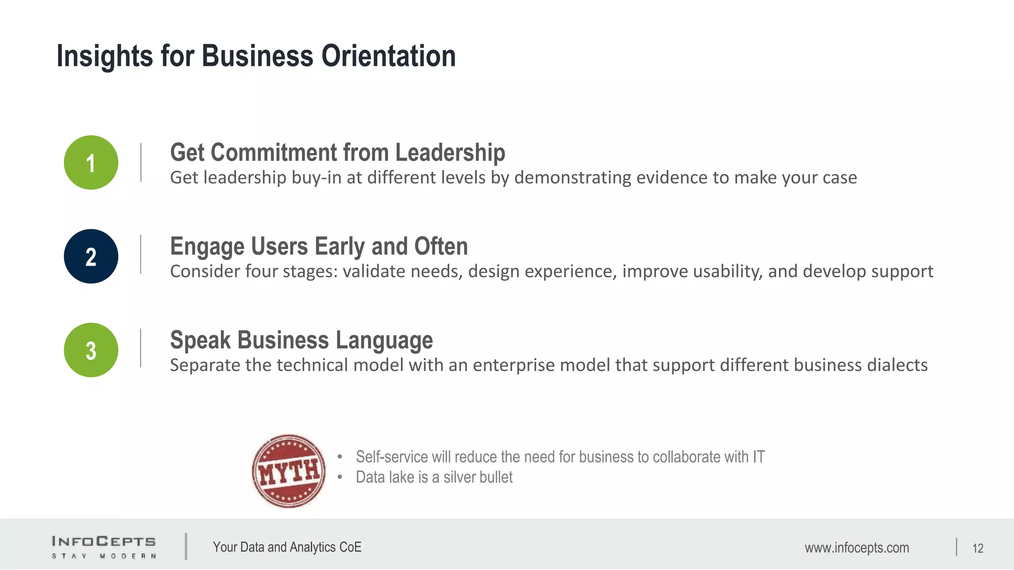 Your Data and Analytics CoE
Insights for Business Orientation
1 Get Commitment from Leadership
Get leadership buy-in at different levels by demonstrating evidence to make your case
2 Engage Users Early and Often
Consider four stages: validate needs, design experience, improve usability, and develop support
3 Speak Business Language
Separate the technical model with an enterprise model that support different business dialects
• Self-service will reduce the need for business to collaborate with IT
• Data lake is a silver bullet
www.infocepts.com 12
 