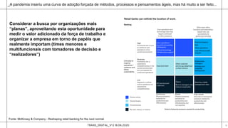 TRANS_DIGITAL_V1 | 18.06.2020 16
Considerar a busca por organizações mais
“planas”, aproveitando esta oportunidade para
medir o valor adicionado da força de trabalho e
organizar a empresa em torno de papéis que
realmente importam (times menores e
multifuncionais com tomadores de decisão e
“realizadores”)
_A pandemia inseriu uma curva de adoção forçada de métodos, processos e pensamentos ágeis, mas há muito a ser feito...
Fonte: McKinsey & Company - Reshaping retail banking for the next normal
 