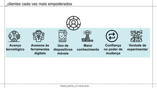 TRANS_DIGITAL_V1 | 18.06.2020 3
_clientes cada vez mais empoderados
Avanço
tecnológico
Acessos às
ferramentas
digitais
Uso de
dispositivos
móveis
Maior
conhecimento
Confiança
no poder de
mudança
Vontade de
experimentar
 