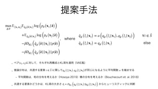 max
ϕ,θ
𝔼(x1,x2)
𝔼˜qϕ( ̂z|x1)
log (pθ (x1 | ̂z))
+𝔼˜qϕ( ̂z|x2)
log (pθ (x2 | ̂z))
−βDKL (˜qϕ ( ̂z||x1)|p( ̂z))
−βDKL (˜qϕ ( ̂z||x2)|p( ̂z))
˜qϕ ( ̂zi |x1) = a (qϕ ( ̂zi |x1), qϕ ( ̂zi |x2)) ∀i ∈ ̂S
˜qϕ ( ̂zi |x1) = qϕ ( ̂zi |x1)
(x1, x2)
i ∈ ̂S qϕ ( ̂zi |x1), qϕ ( ̂zi |x2) a
δi = DKL (qϕ ( ̂zi |x1) ∥qϕ ( ̂zi |x2))
 