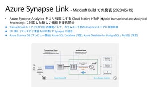  Transactional ストア (OLTP DB) の機能として、カラムストア型の Analytical ストアに自動同期
 ETL 無し (データの 2 重持ちが不要) で Synapse に統合
 Azure Cosmos DB (プレビュー開始), Azure SQL Database (予定), Azure Database for PostgreSQL / MySQL (予定)
Azure Synapse Link - Microsoft Build での発表 (2020/05/19)
 
