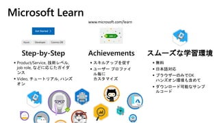 Step-by-Step Achievements スムーズな学習環境
 無料
 日本語対応
 ブラウザーのみでOK
ハンズオン環境も含めて
 ダウンロード可能なサンプ
ルコード
 Product/Service, 技術レベル,
job role, などに応じたガイダ
ンス
 Video, チュートリアル, ハンズ
オン
 スキルアップを促す
 ユーザー プロファイ
ル毎に
カスタマイズ
www.microsoft.com/learn
 